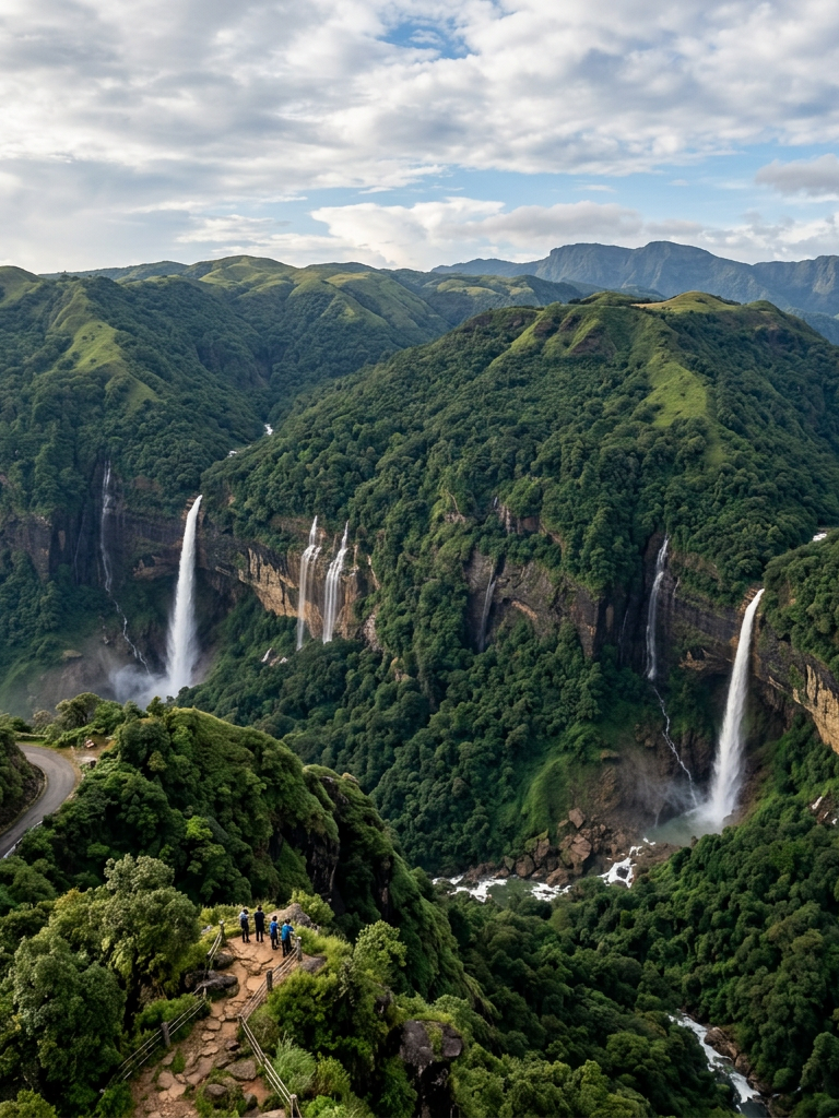 Multiple waterfalls flowing through dense green forested mountains with hikers on a lookout point